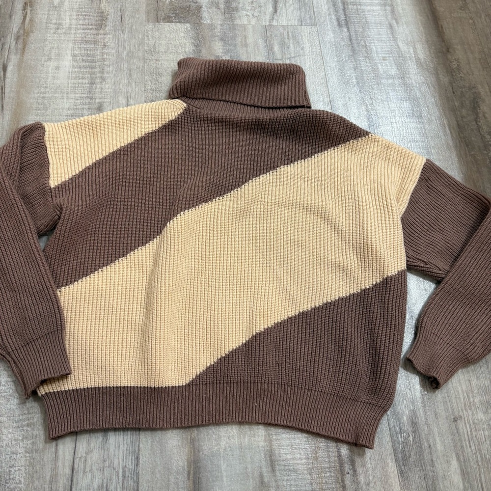 Deluc Brown Tan Diagonal Big Stripe Turtleneck Sweater Small